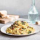 Spaghetti alla Chitarra with Zucchini and Saffron Cream by Domenica Marchetti