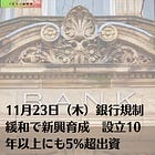 11月23日（木）銀行規制緩和で新興育成 設立10年以上にも5%超出資