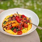 Creamed corn with roast greenhouse veg and chorizo 