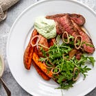 Steak & Sweet Potatoes with Horseradish Arugula Sauce