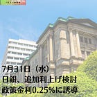 7月31日（水）日銀、追加利上げ検討 政策金利0.25%に誘導