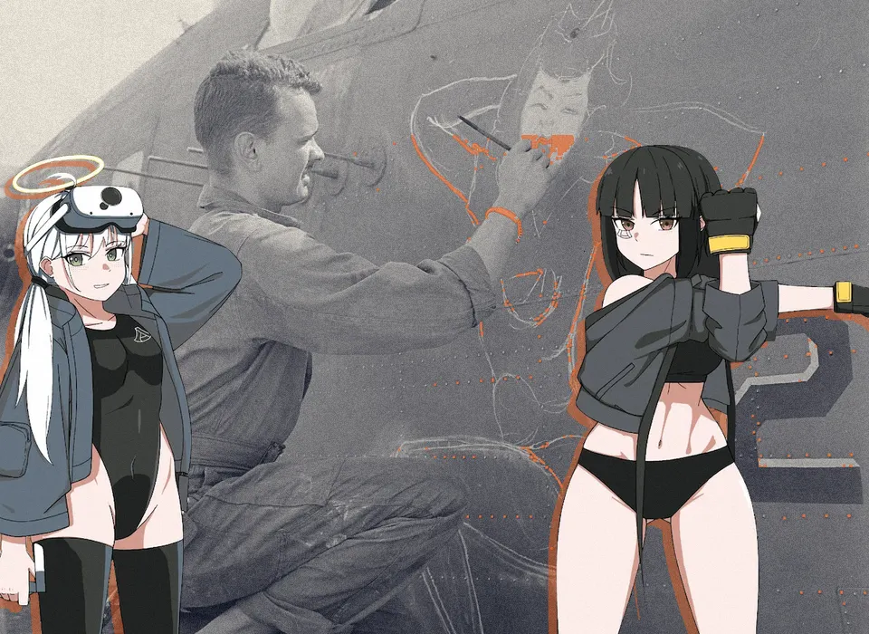 Background: Sgt. J.S. Wilson, USA, painting a design on the prow of a bomber based at Eniwetok, Marshall Islands, June 1944. Foreground: The Anduril Sisters, drawn by Atamonica for KommandoStore and Anduril Industries, October 2024.