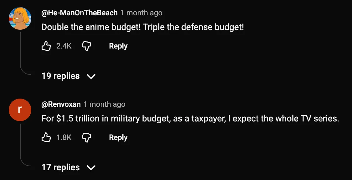 Comments on Anduril’s latest anime-inspired promo video. Source: YouTube