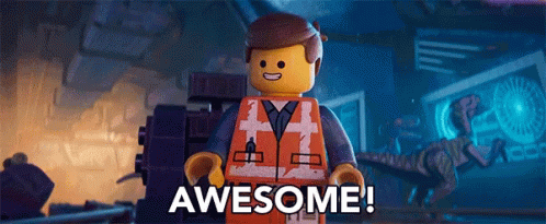 Gif from the Lego Movie of Chris Pratt's Lego throwing his hands up, captioned "awesome!"