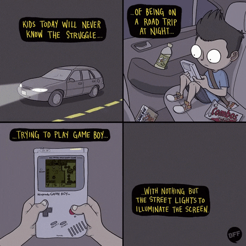 A GIF image of a boy playing Game Boy in the back of their parents' car, trying to get enough light to see where they are.