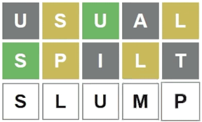 Animated GIF demonstrating the animation of letters when the word “SLUMP” is guessed correctly.
