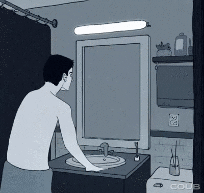 desenho em preto e branco de um banheiro onde um homem branco de costas passa a mão no espelho embaçado e enxerga um pedaço do espaço brilhando