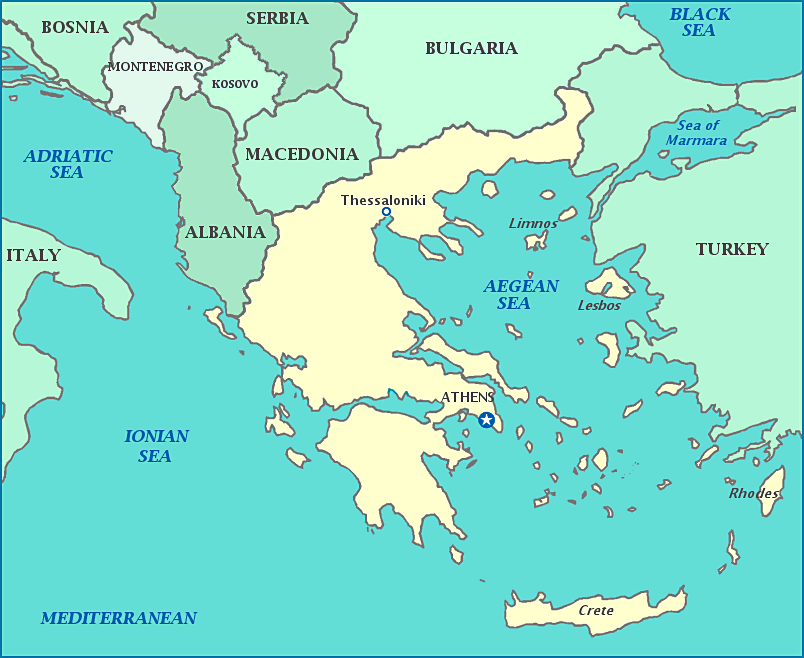 Map of Greece—Greece map shows cities and islands in the Aegean, Ionian and Mediterranean Seas