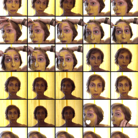 Animated loop scrolling back and forth through a grid of images in an iPhone of all of ilyse’s face painted yellow. 