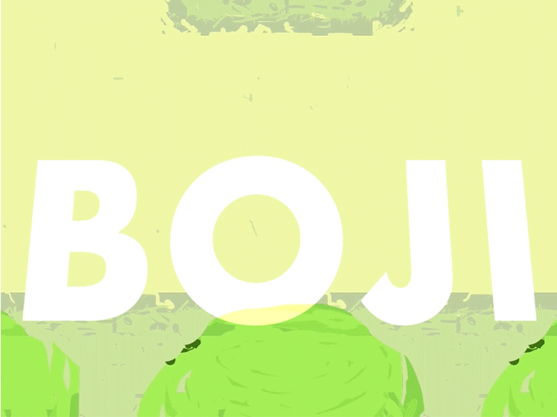 Animation of Boji character running over title text treatment