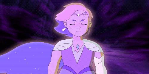 Glimmer stands in the middle of a whirling storm, weaves a spell and pushes it out towards her father, her eyes glowing (She-Ra: Princess of Power, 2018)