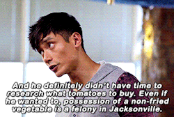 Gif of Jason from the Good Place saying "And he definitely didn't have time to research what tomatoes to buy. Even if he wanted to, possession of a non-fried vegetable is a felony in Jacksonville."
