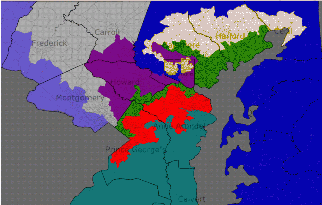 This map of central Maryland shows a swirl of Congressional districts designed to place Democrats in a position to surround and overwhelm pockets of Maryland Republicans.