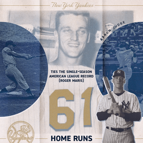 New York Yankees - Aaron Judge ties the single-season American League record (Roger Maris) - 61 Home Runs