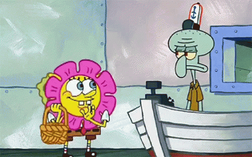 Delighted and happy Spongebob in a pink flower costume throwing pink flowers at grumpy squidward.