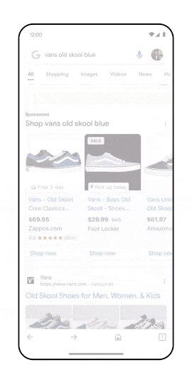 GIF showing a google search for Vans sneakers where the shoe can be manipulated in 3D and then placed on a kitchen table using AR.