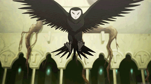 Gif of Wan Shi Tong from Avatar: The Last Airbender flying down from his perch, wings fully outstretched, landing dramatically in front of Aang.
