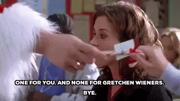 Gif of Damien from Mean Girls dressed as santa claus, saying, "one for you...and none for Gretchen Wieners. Bye."