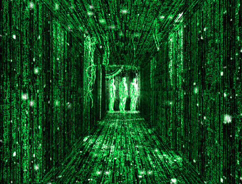 Scene from The Matrix, where the world is made up of floating green text on a black background