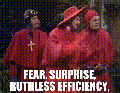 YARN | fear, surprise, ruthless efficiency, | Monty Python&#39;s Flying Circus  (1969) - S02E02 | Video gifs by quotes | 46fbdd17 | 紗