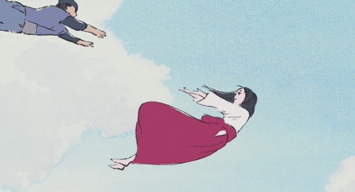 Sutemaru flies into Kaguya's arms and she embraces him tightly as they both float in the sky (The Tale of Princess Kaguya, 2012)