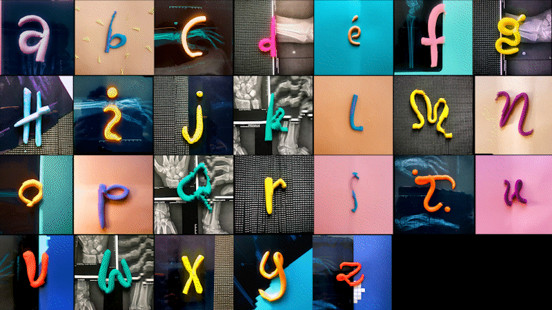 A montage of wiggling letters forming an entire alphabet.