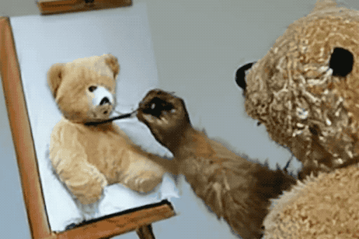 A video clip shows a teddy bear painting its portrait.