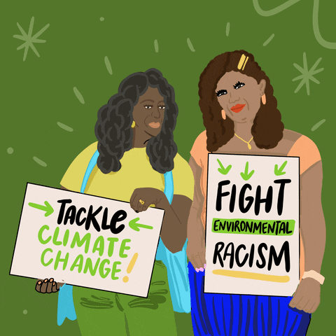 Illustrazione animata di due persone dai lunghi capelli scuri e mossi che agitano due cartelli durante una manifestazione. Uno dice "Tackle climate change!" e l'altro "Fight environmental racism".
