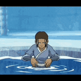 Katara emerges from the water to raise a pillar of ice in front of her. She slices off discs to hurl at Pakku who smashes them to pieces with martial arts quickness. But one disc swerves dangerously close to his face. The camera slows down: we see Pakku startled, almost afraid, as the disc reflects his face back to him because it passes by so close. Shocked and befuddled, he turns back to look at Katara.