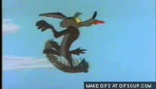 Wile E Coyote running in the air, not realizing he is over a chasm, then hitting a cliff wall and falling.
