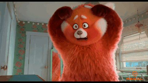 GIF image from film Turning Red of big furry red monster brushing cheeks and changing facial expression to indicate going from stressed to calmed.