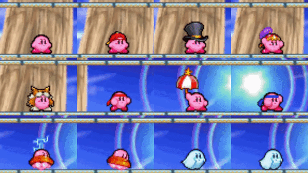 A gif of 12 different idle animations of Kirby, using various copy abilities. Ready to fight poses, the Animal ability has Kirby scratching behind his ear with his foot, the ghost gets tired and naps, and a power-less Kirby dreams of cake and then inhales the thought bubble
