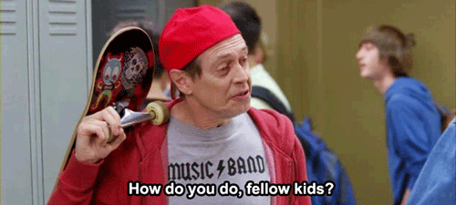 actor steve buscemi wearing a backward baseball cap and holding a skateboard slung over his shoulder while saying "how do you do, fellow kids?" one of the best gifs ever.