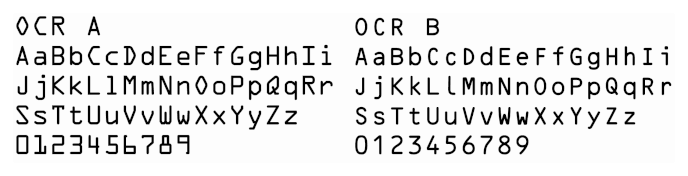 Caracteres das fontes OCR-A, lançada em 1968 pela American Type Founders, e OCR-B, criada no mesmo ano por Adrian Frutiger para a Monotype.
