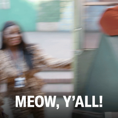 GIF of Ava in Abbott Elementary wearing mixed cat prints