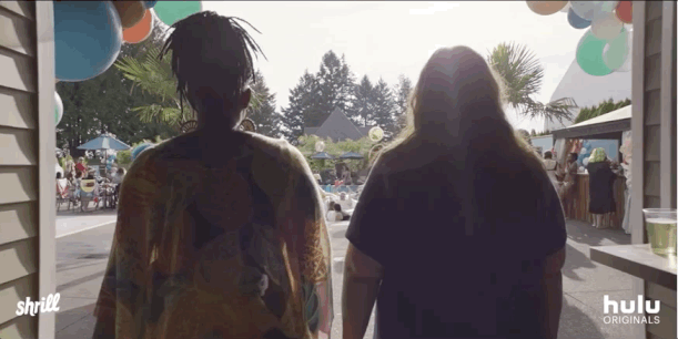Montage of clips from 'Shrill': Aidy Bryant and Lolly Adefope entering pool party, people dancing at pool party, Aidy Bryant dancing at pool party Montage of clips from 'Shrill': Aidy Bryant and Lolly Adefope entering pool party, people dancing at pool party, Aidy Bryant dancing at pool party