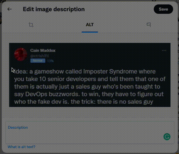 An animated gif showing Cleanshot X being used to quickly OCR a screenshot of a longer tweet, and paste that text into the description in Twitter’s web interface.