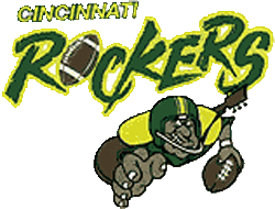 Cincinnati Rockers Logo Alternate Logo (1992-1993) - Script under football player pouncing on a football SportsLogos.Net
