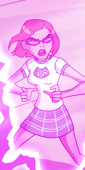 Gwen raises a pentagram and fires off a pink blast of energy