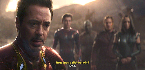 GIF from Avengers: Infinity War. Tony Stark: How many did we win? Doctor Strange: One.