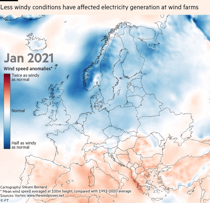 Map animation showing less windy conditions have affected electricity generation at wind farms in Europe 