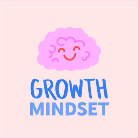 A pink cartoon cloud with a smiley face over a peach background. The words "GROWTH MINDSET" pulse in the foreground in blue text.