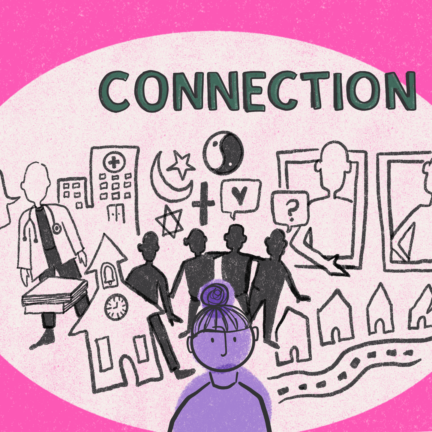 An animated image of a young person with community members behind them disappearing as a police badge grows bigger. The words "connection" becomes "disconnection" as the badge grows bigger.