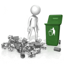 A stick figure throws away trash from a large pile on the ground.