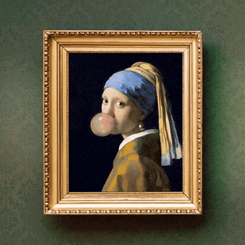 Parodia dell'opera "Ragazza con turbante" di Johannes Vermeer: la protagonista fa le bolle con un chewingum.