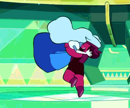 Ruby and Sapphire laugh as they twirl together, morphing into Garnet who is hanging in the air, ecstatic at being whole again.