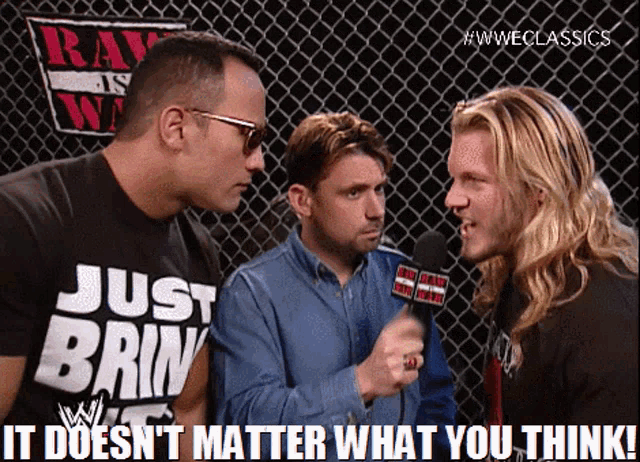Animated GIF of The Rock yelling at Chris Jericho that it doesn't matter what he thinks.