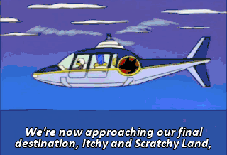 GIF: Simpsons head by helicopter to Itchy & Scratchy Land