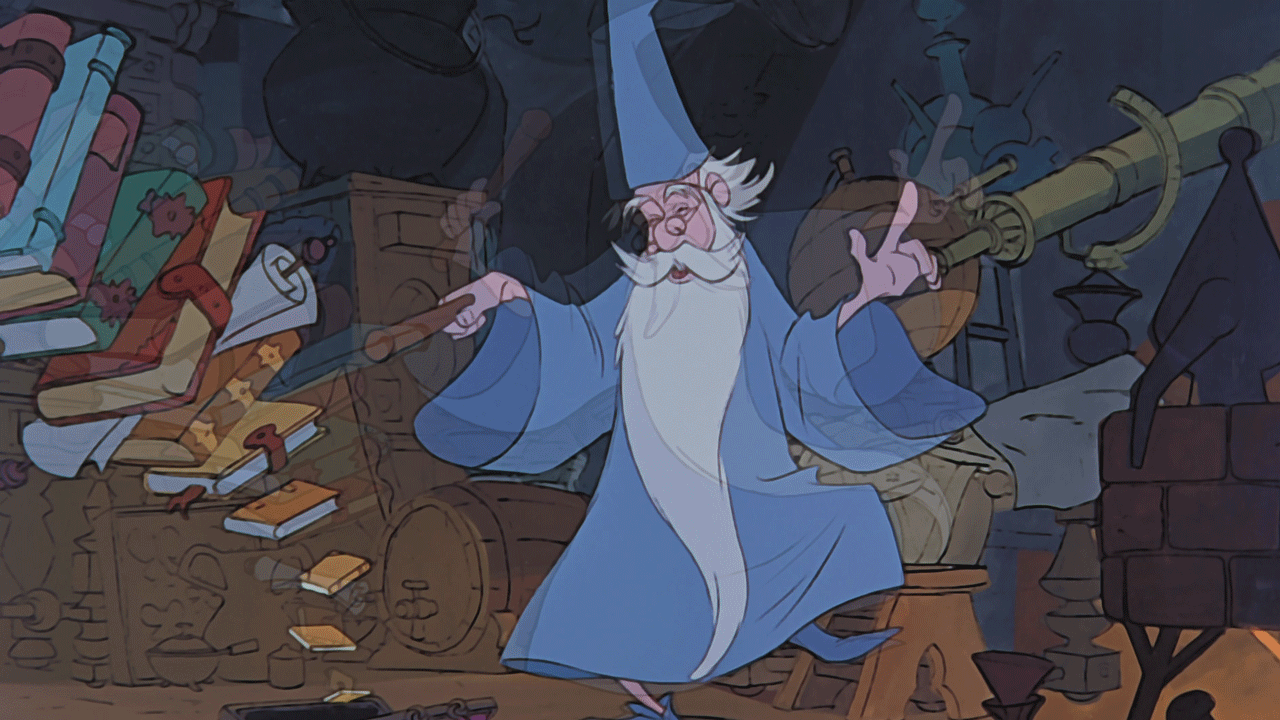 Gif of a wizard dancing and magicking books into a small bag.