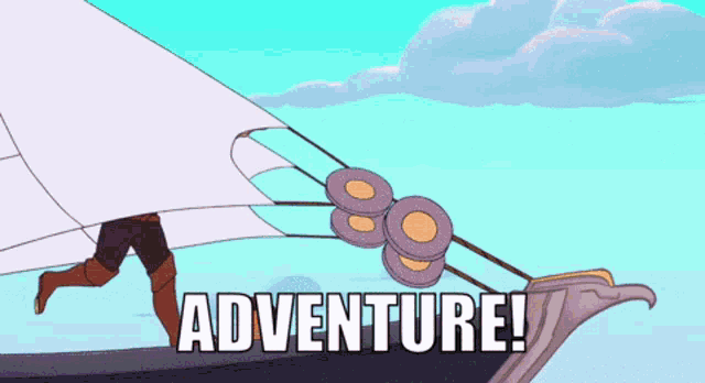 Gif of Sea-Hawk from She-Ra and the Princesses of Power shouting "adventure" on his various boats.